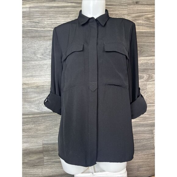 CATHERINE MALANDRINO Button Top Size M Basic Black Collar Roll Tab Sleeve Blouse - Picture 2 of 9